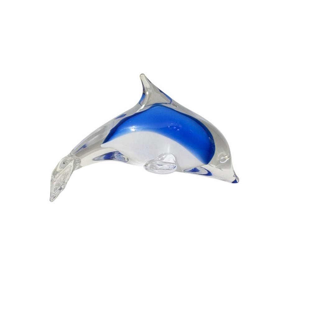 Vintage Art Glass Dolphin Figurine Blue White Hand Blown Sculpture
